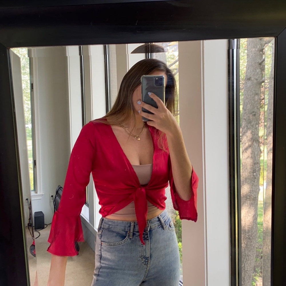 Red tie silky top